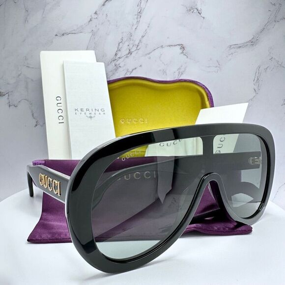 Gucci Black Sunglasses Oversized Aviator Mask Shield Gold Metal Logo Authentic - Picture 13 of 16